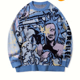ANDREILEE Street Style Knit Pullover Sweater for Men - Crew Neck, Long Sleeve, Cartoon Pattern, Viscose Blend, Medium Stretch, Regular Fit, Casual Hip-Hop Fall/Winter Knitted Jumper - For Men - Suitable for Fall/Winter - Perf