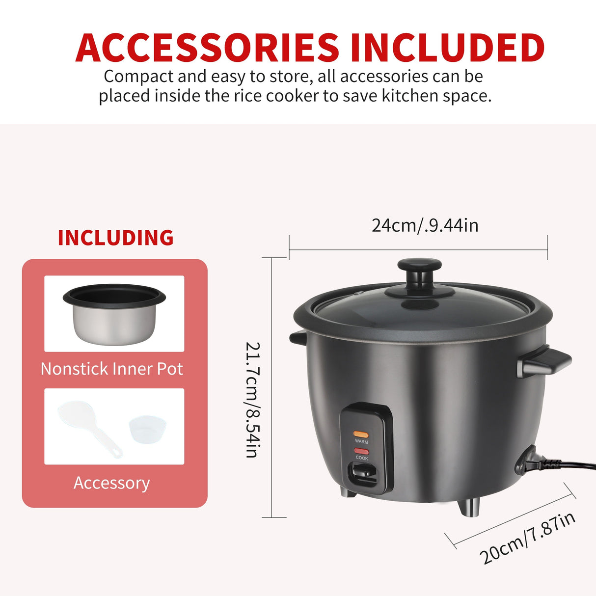 Rice Cooker with Removable Nonstick Pot, Yogurt Maker with Auto Keep Warm Function, Large Capacity 6-cup (cooked) 1.5 Qt, 3-cup (uncook), One Touch Operation Grain Cooker, Multicooker, Stainless Steel Inner Liner, Steamer, Oa