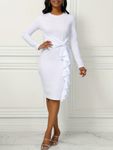 Long Sleeve Solid Ruffle Trim Belted Elegant Dress for Spring & Fall, Women's Clothing