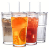 2/4pcs Vintage Striped Glass Mug with Straw And Lid - 20.29oz/600ml BPA-free, Visually Appealing Glass Mug for Coffee, Tea, Soda, Milk Iced Americano, And Latte Drinks, Durable Drinking Glass, Local Warehouse Shipping!
