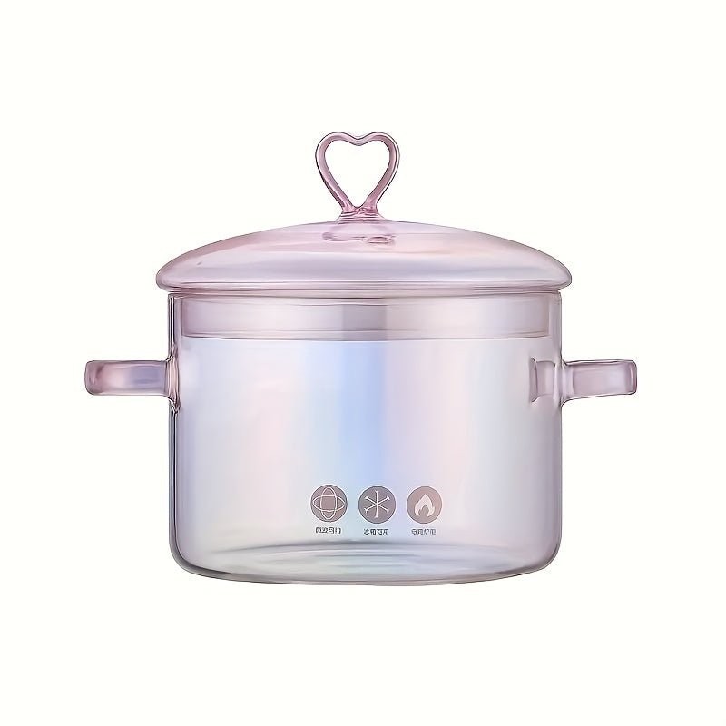 Love Heart Pink Borosilicate Glass Stockpot with Ergonomic Dual Handles, Transparent Multi-use Stew Pot with Safety Lid - Nutrient-Retaining Cooking Pot, 50.72oz - Trendy Kitchenware