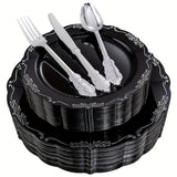 150 Pcs Black Silver Plastic Plates & Silver Plastic Silverware, Black Silver Disposable Plates for Party Include: 30 Dinner Plates 10.25 inch, 30 Dessert Plates 7.5 inch, 30 Knives, 30 Forks, 30 Spoons for Party