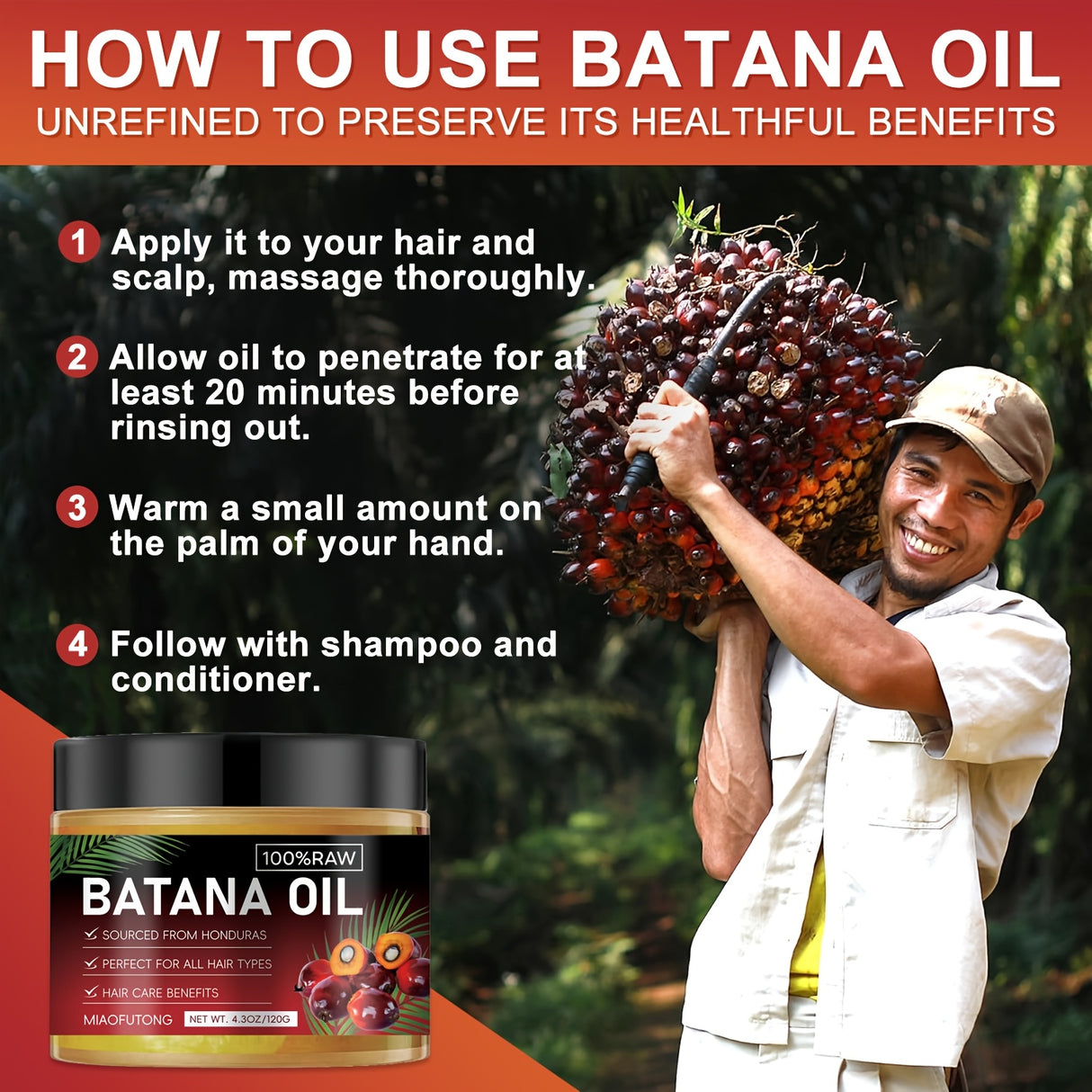 2pcs Honduras Batana Hair Oil, pure cold-pressed extract, unrefined, moisturizes the scalp and hair, strengthens hair, prevents breakage and split ends, enhances shine, suitable for dry, damaged hair, suitable for all hair ty