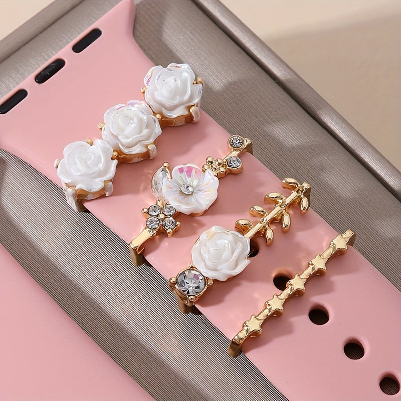 4 Pcs Elegant Flower Shaped Rhinestone Watch Band Charms - Decorative Clips in Golden Zinc Alloy with Cute Style - Perfect Accessories for Women's Watches