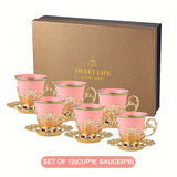Sakura Train Set, Turkish Arabic Coffee Cups And Saucers, Espresso Cups With Saucer Plates And Spoons, Ceramic Tea Sets With Gift Box, 2.8 OZ (Golden)