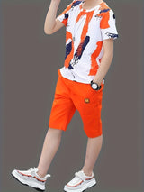 2pcs Boys Stylish Letter Graphic Print Short Sleeve T-shirt & Solid Shorts Set, Comfy Summer Boys Clothes