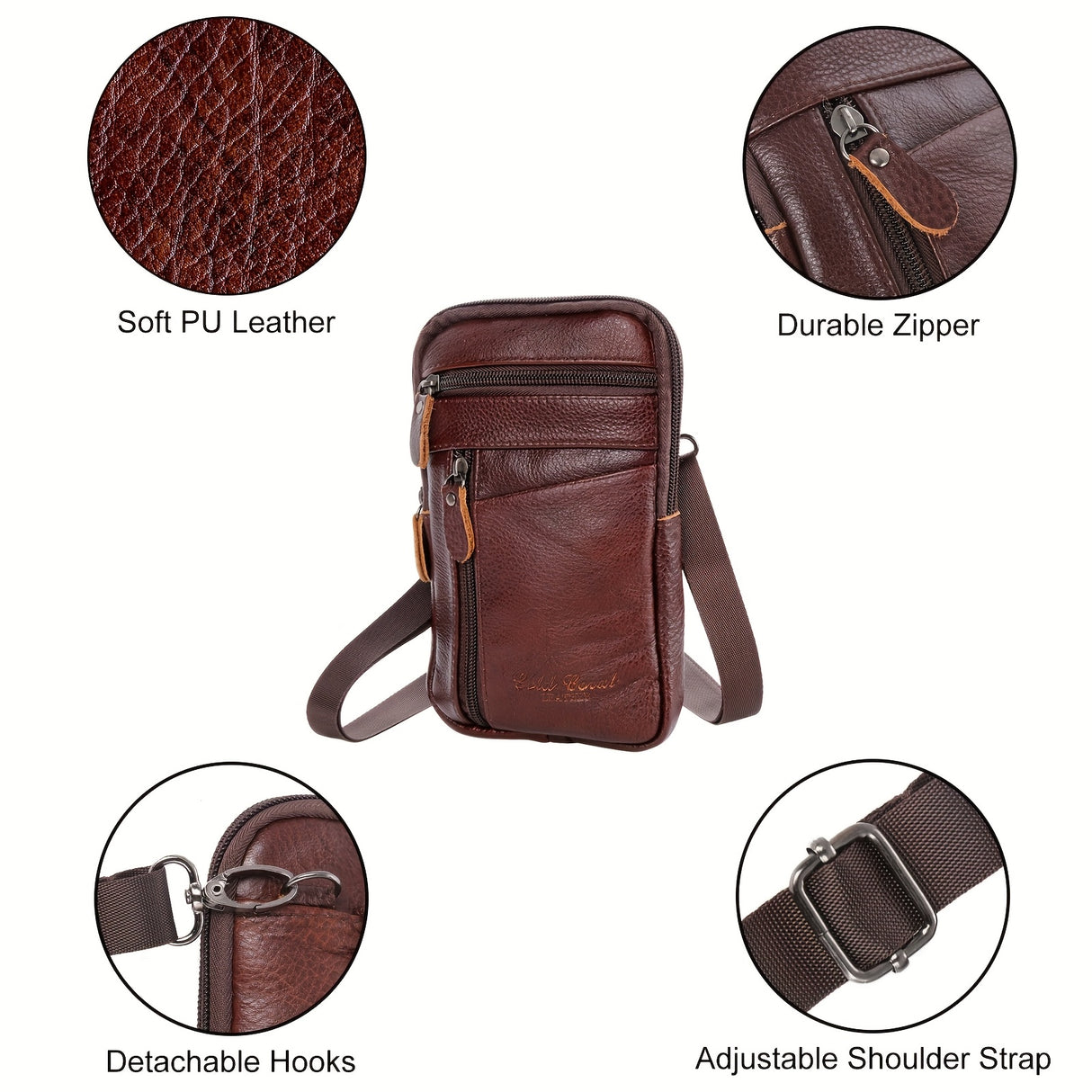 Premium PU Leather Crossbody & Belt Bag for Men and Women - Adjustable Strap, Multiple Zippered Pockets, Phone Holder, Durable Smooth Polyester Lining, Fits Smartphones Up to 6.9 Inches - Coffee Brown, Versatile Travel Pouch