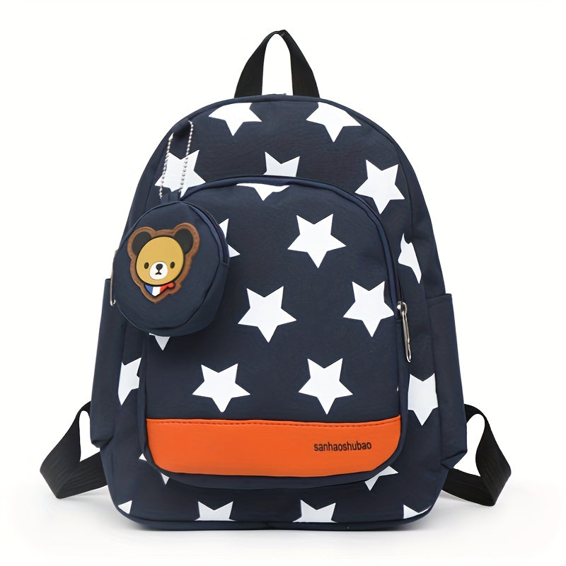 Small Starry Backpack, Navy Blue With White Stars, 12-Inch Casual School Bag For With Bear Charm