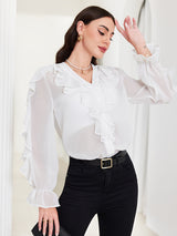 Flirty Ruffle Trim Blouse - Solid Color with Classy Button Front, Flowy Long Sleeves - Feminine Casual Top for Women