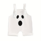 Baby Toddler Boys Girls Halloween Overalls Sleeveless Square Neck Pumpkin/Ghost Face Embroidery Rompers Newborn Jumpsuits