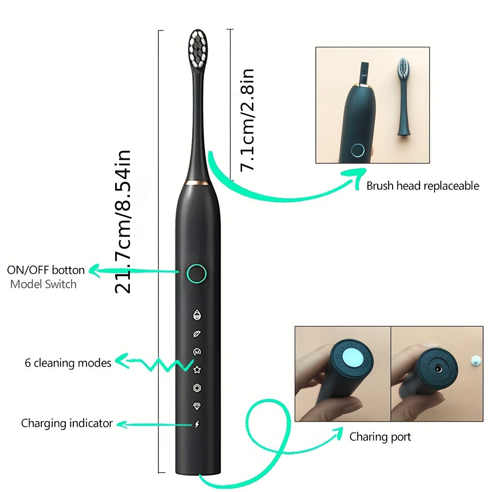 Electric Toothbrush With 6 Modes And A Smart Timer, Suitable For Both Men And Women, Rechargeable USB Electric Toothbrush, Whitening Oral Hygiene, 4/8 Replacement Heads, Sensitive Gums And Teeth Special Soft Toothbrush