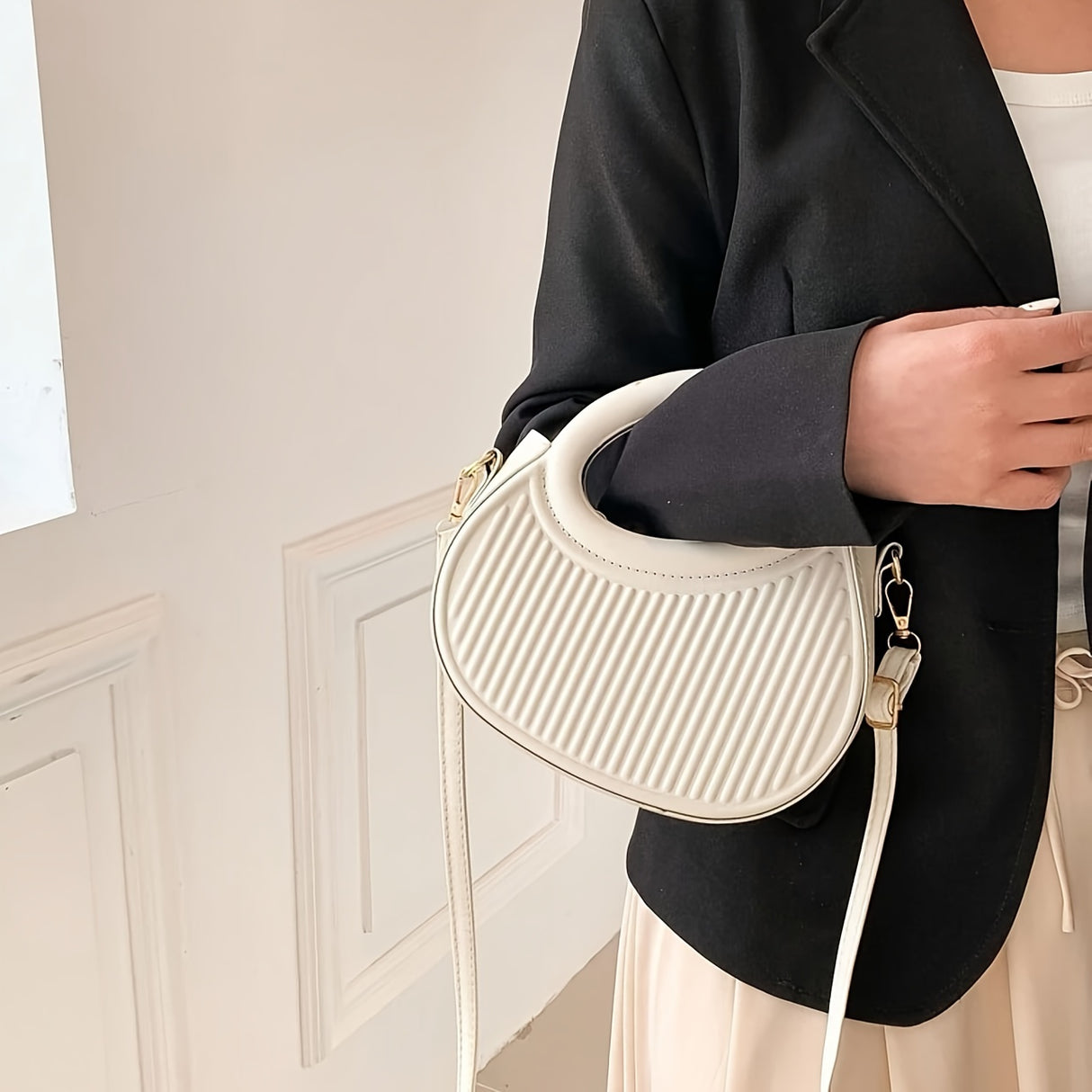 Chic Black Embossed Stripe Crossbody Bag for Women - Elegant Synthetic Leather Handbag with Golden-Tone Hardware, Versatile Shoulder Purse for Everyday Use, Versatile Shoulder Bag | Chic Stripe Design | Luxury Look Purse