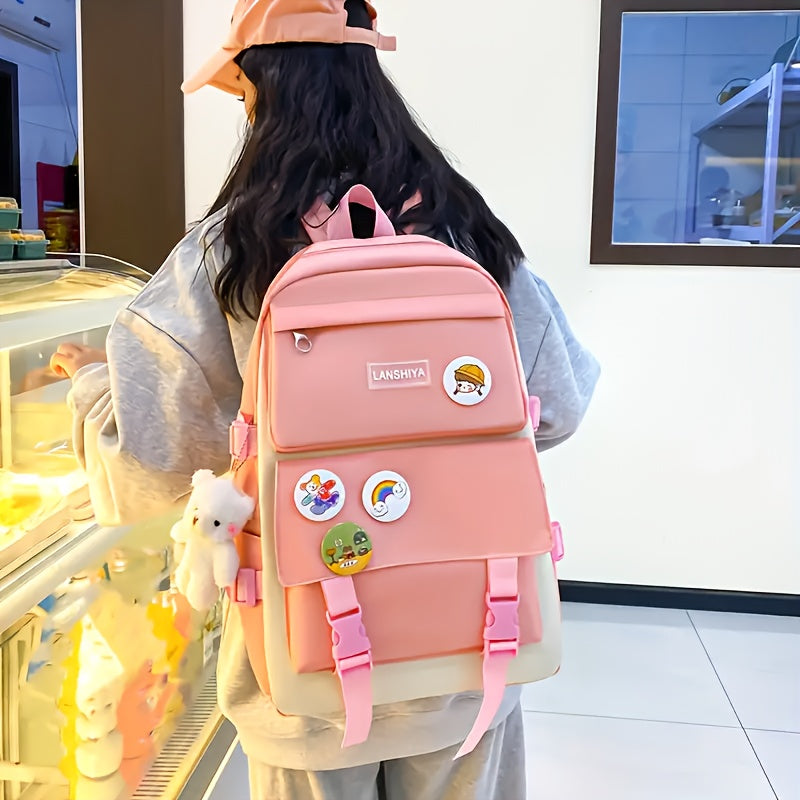5pcs LANSHIYA Canvas Backpack Set - Solid Color, Casual Travel & School Bag with Messenger Bag, Large Capacity, Zipper Closure, Polyester Lining, Hand Wash/Dry Clean Care