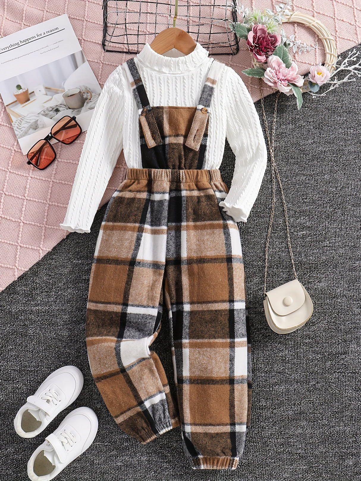 Girls 2pc, Solid Pullover Long Sleeve Top + Plaid Jumpsuit Kids Clothes For Spring Fall Outdoor