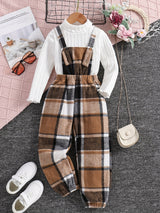 Girls 2pc, Solid Pullover Long Sleeve Top + Plaid Jumpsuit Kids Clothes For Spring Fall Outdoor