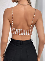 Houndstooth Print V-Neck Cami Top, Sexy Backless Sleeveless Crop Top for Women