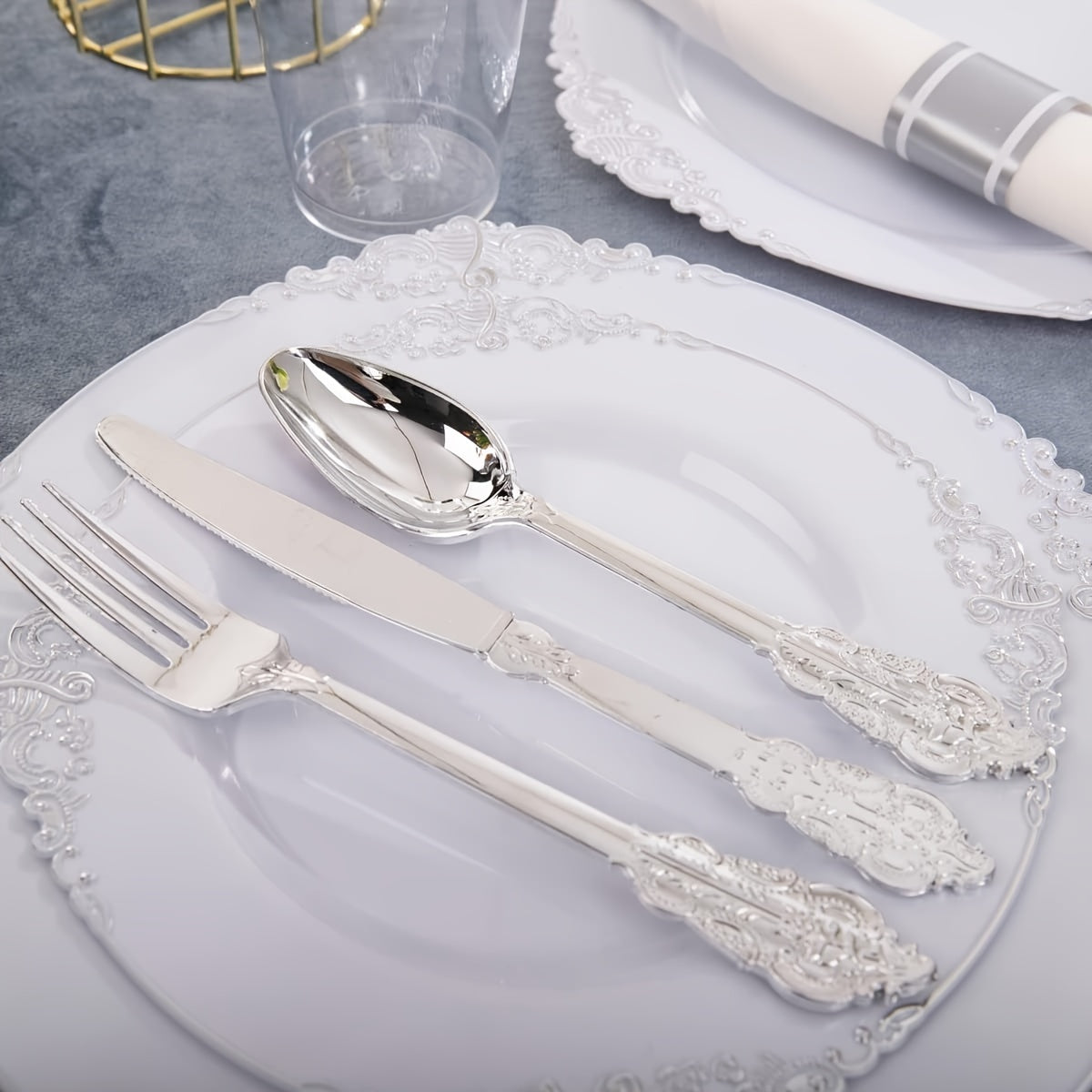 350PCS Silver Plastic Plates&Pre Rolled Napkins for 50 Guests, Plastic Dinerware Set 100 Silver Disposable Plates, 150 Silver Silverware, 50Cups and 50Napkins for Wedding&Party