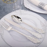 350PCS Silver Plastic Plates&Pre Rolled Napkins for 50 Guests, Plastic Dinerware Set 100 Silver Disposable Plates, 150 Silver Silverware, 50Cups and 50Napkins for Wedding&Party