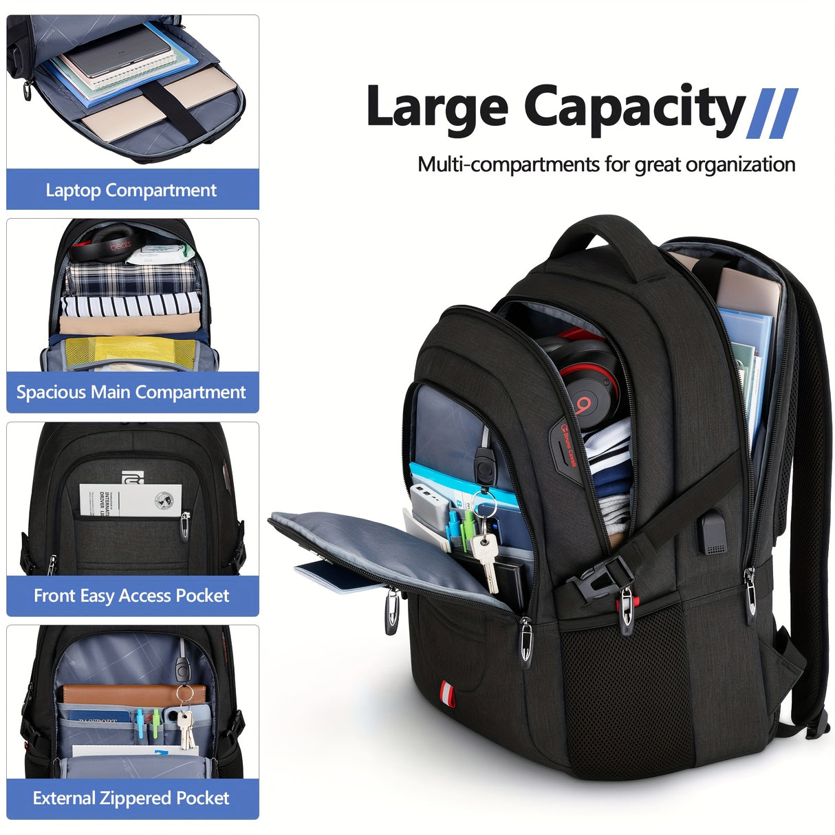 Laptop Backpack for Men Women, Business Travel Laptop Backpack with USB Charging Port, College Bag Daypack for Work, Business Computer Backpack Bag Fit 15.6 Inch Laptop (Black, Blue, Light Grey 15.6 Inch)