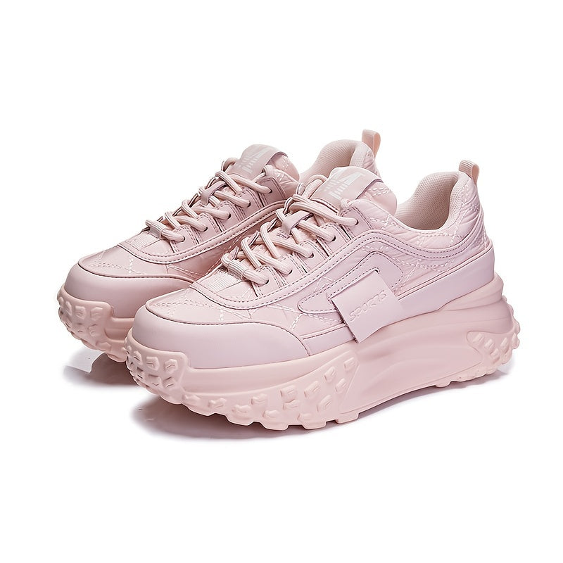 Women's Simple Pure Color Thick Bottom Running Shoes, Soft Comfortable Lace Up Sneakers, Versatile Non-slip Sports Shoes