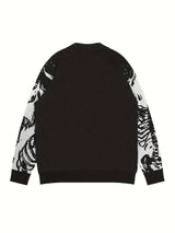 Y2K Long Sleeve Sweater, Loose Casual Sweater Skull Pattern Knitted Sweater, Men's Warm Slightly Stretch Crew Neck Pullover Sweater For Men Fall Winter