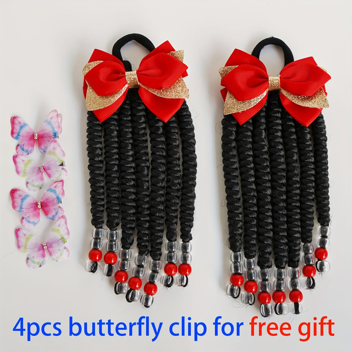 2pcs Delicate Kids Ponytail Extensions, Braids With Beads, Sweet Hair Extension With Elastic Tie, Twist Ponytails With Hair Bows Butterflies, Cute Pigtail, Beautiful Wig For Girls Casual Leisure Party Supplies, Gift Stage Per