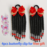 2pcs Delicate Kids Ponytail Extensions, Braids With Beads, Sweet Hair Extension With Elastic Tie, Twist Ponytails With Hair Bows Butterflies, Cute Pigtail, Beautiful Wig For Girls Casual Leisure Party Supplies, Gift Stage Per