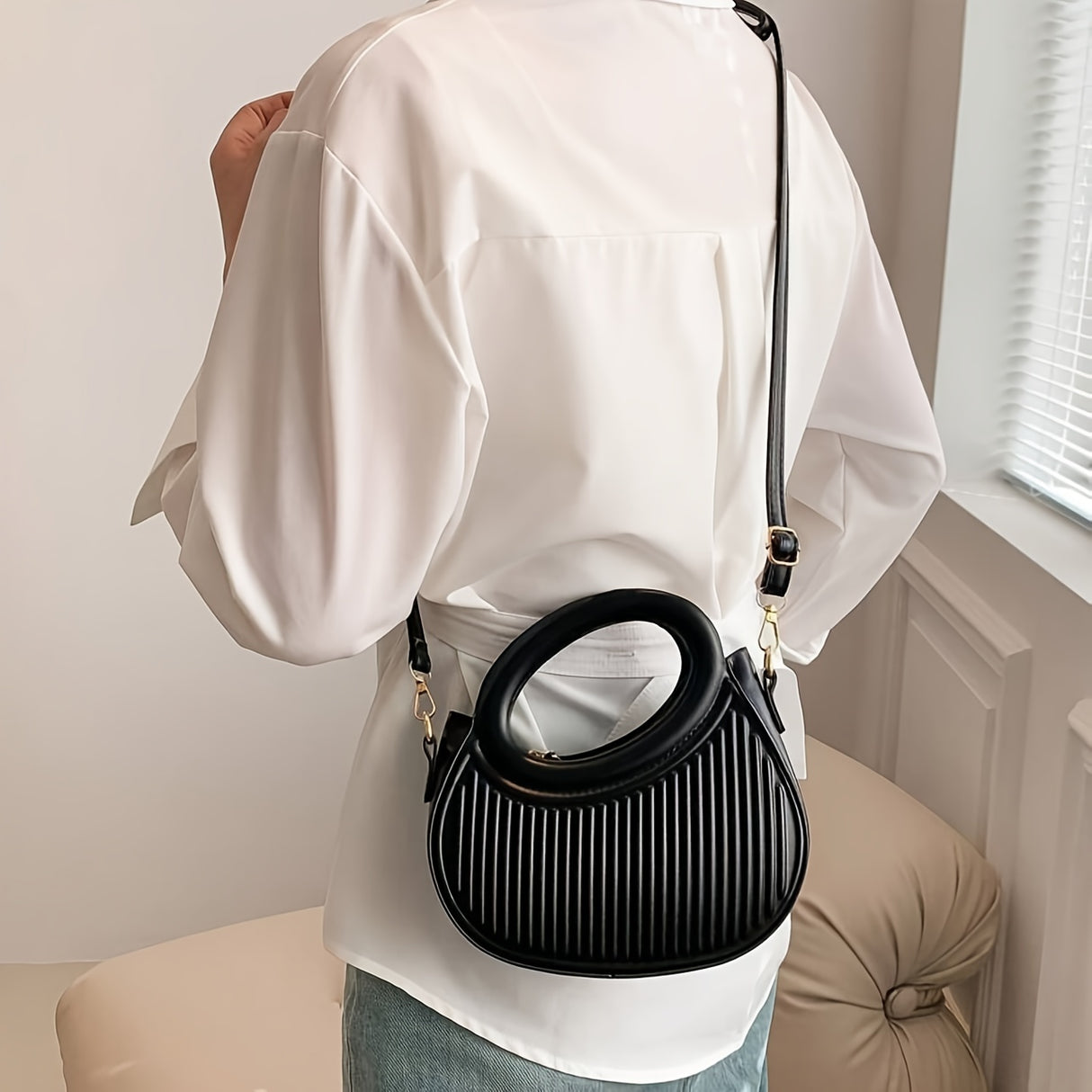 Chic Black Embossed Stripe Crossbody Bag for Women - Elegant Synthetic Leather Handbag with Golden-Tone Hardware, Versatile Shoulder Purse for Everyday Use, Versatile Shoulder Bag | Chic Stripe Design | Luxury Look Purse