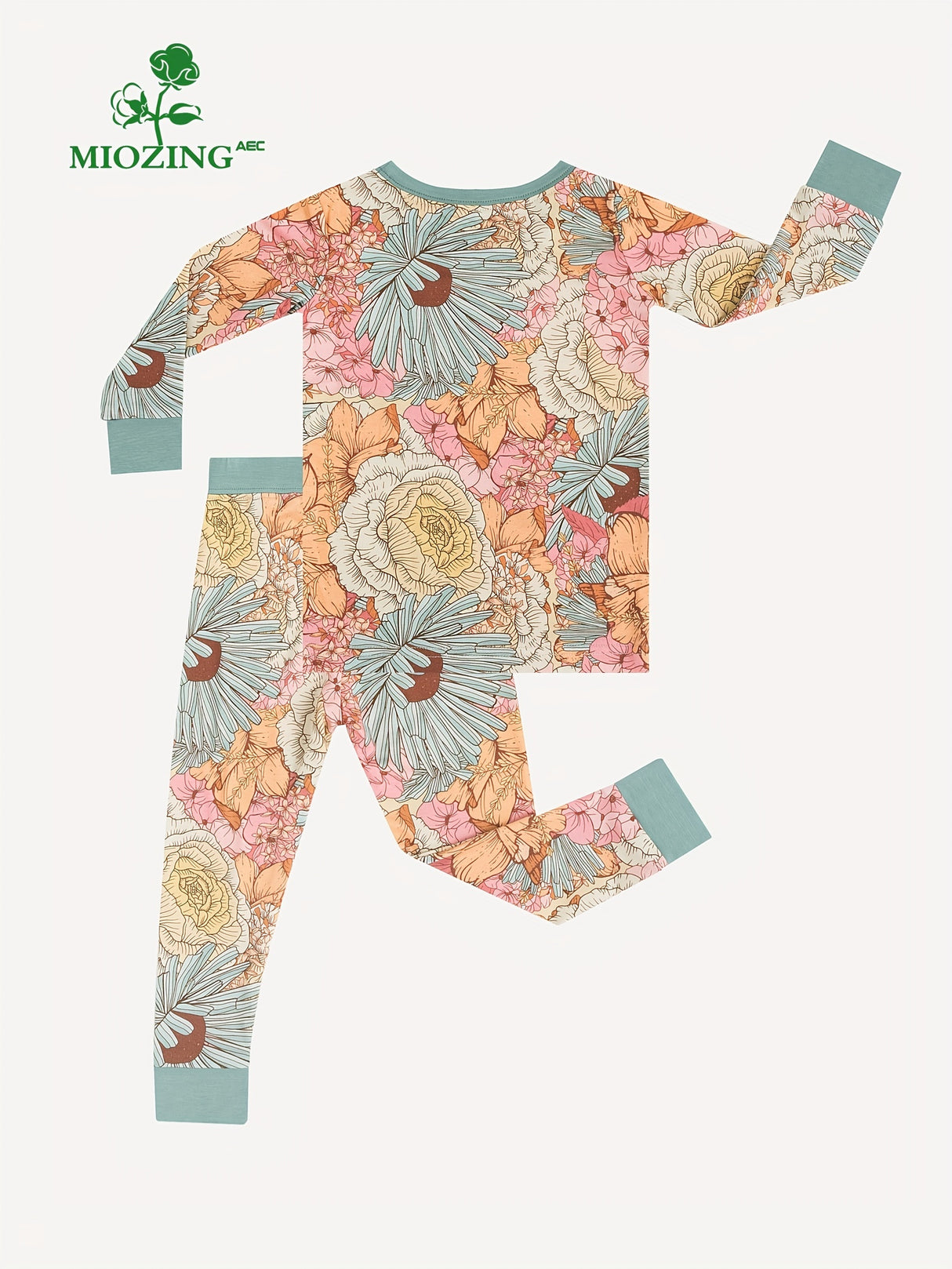 MIOZING Little Girls Bean Green Flower Print Comfy High-end Bamboo Fiber Cute & Elastic Top + Pants 2pcs