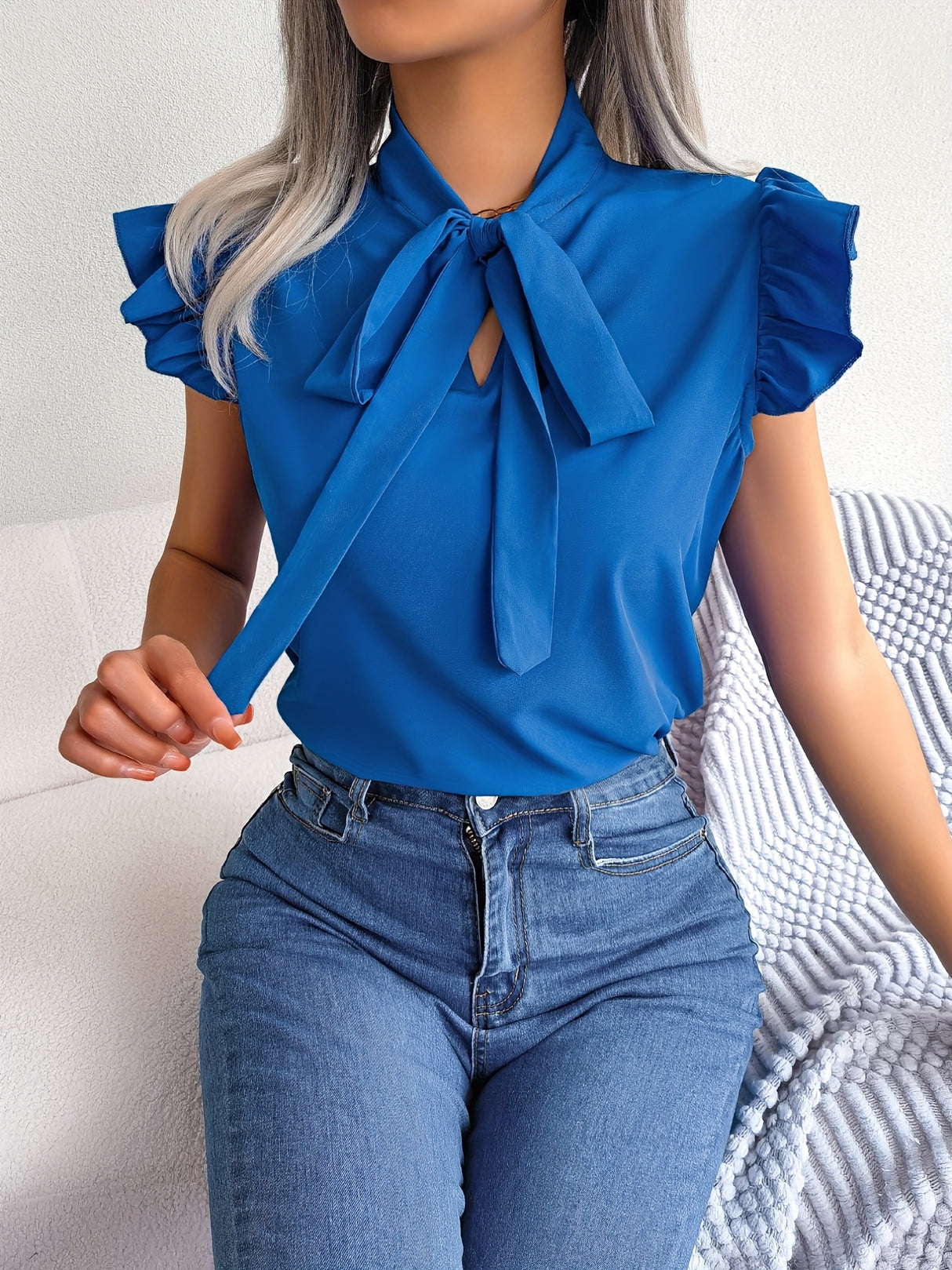 Bow Tie Flutter Sleeve Blouse, Elegant Sleeveless Solid Ruffle Trim Blouse, Women's Clothing Wedding holiday vacation