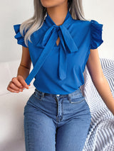 Bow Tie Flutter Sleeve Blouse, Elegant Sleeveless Solid Ruffle Trim Blouse, Women's Clothing Wedding holiday vacation