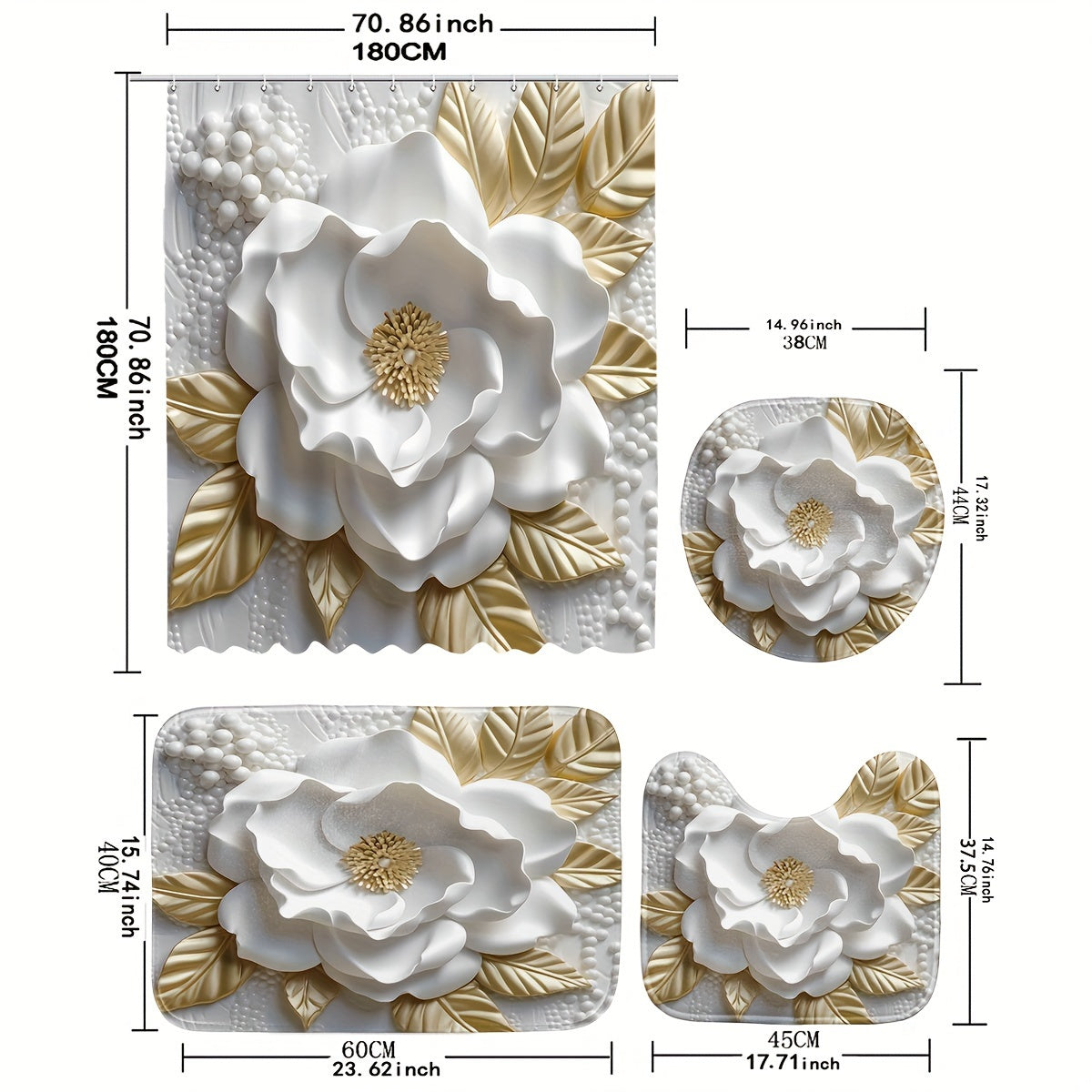 1/4pcs Luxurious 3D Floral Pattern Shower Curtain Set - Waterproof, Non-Slip, Easy-to-Clean Bathroom Essentials with 12 Hooks, U-Shape Toilet Mat, Toilet Lid Cover Pad - Complete Bathroom Decor Solution for a Relaxing Oasis