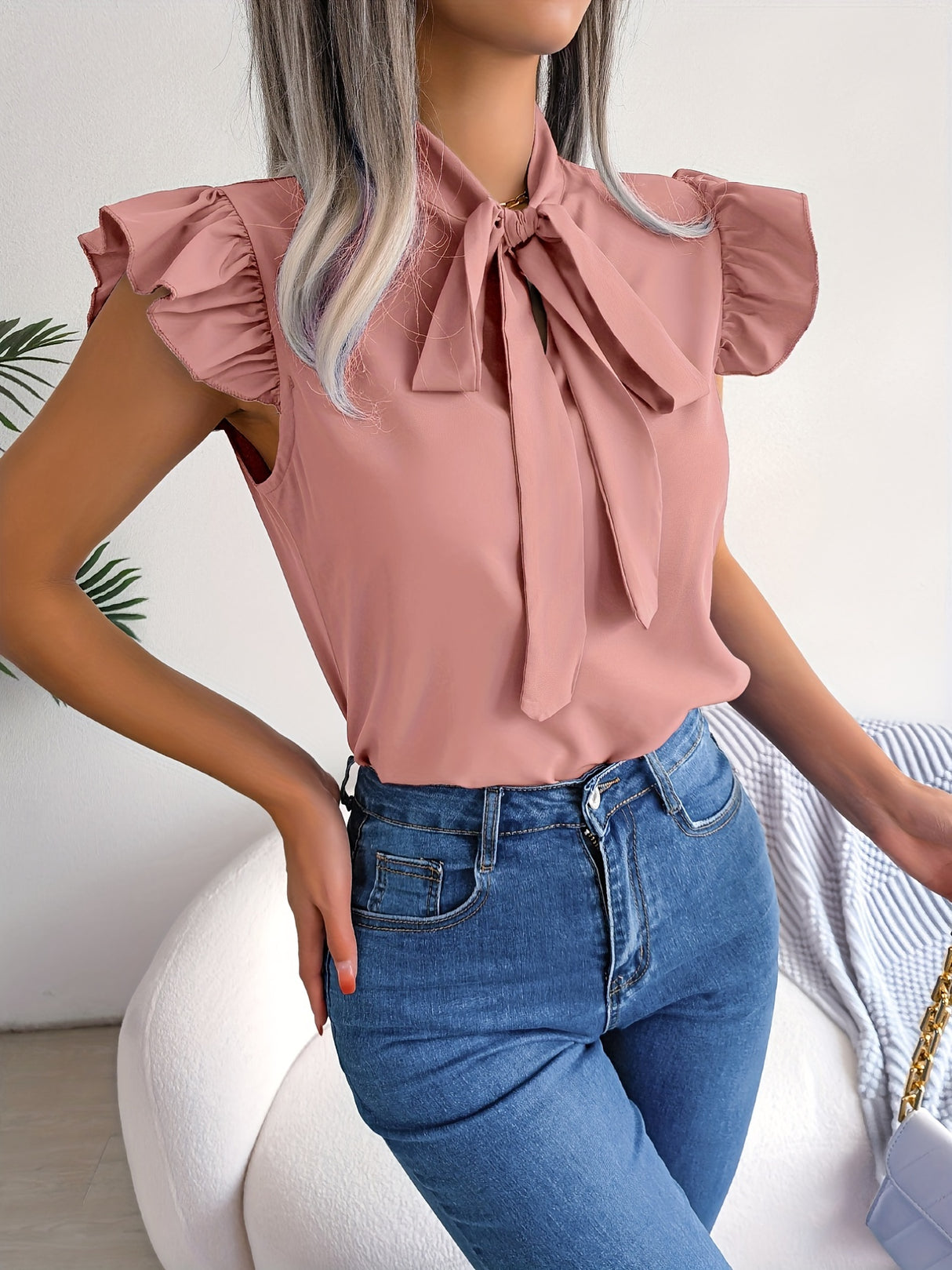 Bow Tie Flutter Sleeve Blouse, Elegant Sleeveless Solid Ruffle Trim Blouse, Women's Clothing Wedding holiday vacation