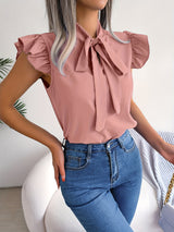 Bow Tie Flutter Sleeve Blouse, Elegant Sleeveless Solid Ruffle Trim Blouse, Women's Clothing Wedding holiday vacation