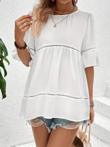 Solid Ruffle Trim Blouse, Vacation Cut Out Crew Neck Summer Blouse, Women's Clothing