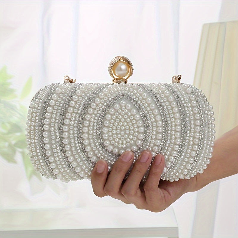 Elegant Striped Fabric Clutch Bag with Beaded Embellishment - Adjustable Strap, Lining, Buckle Closure - Perfect for Wedding Party, Prom, Formal Evening Events