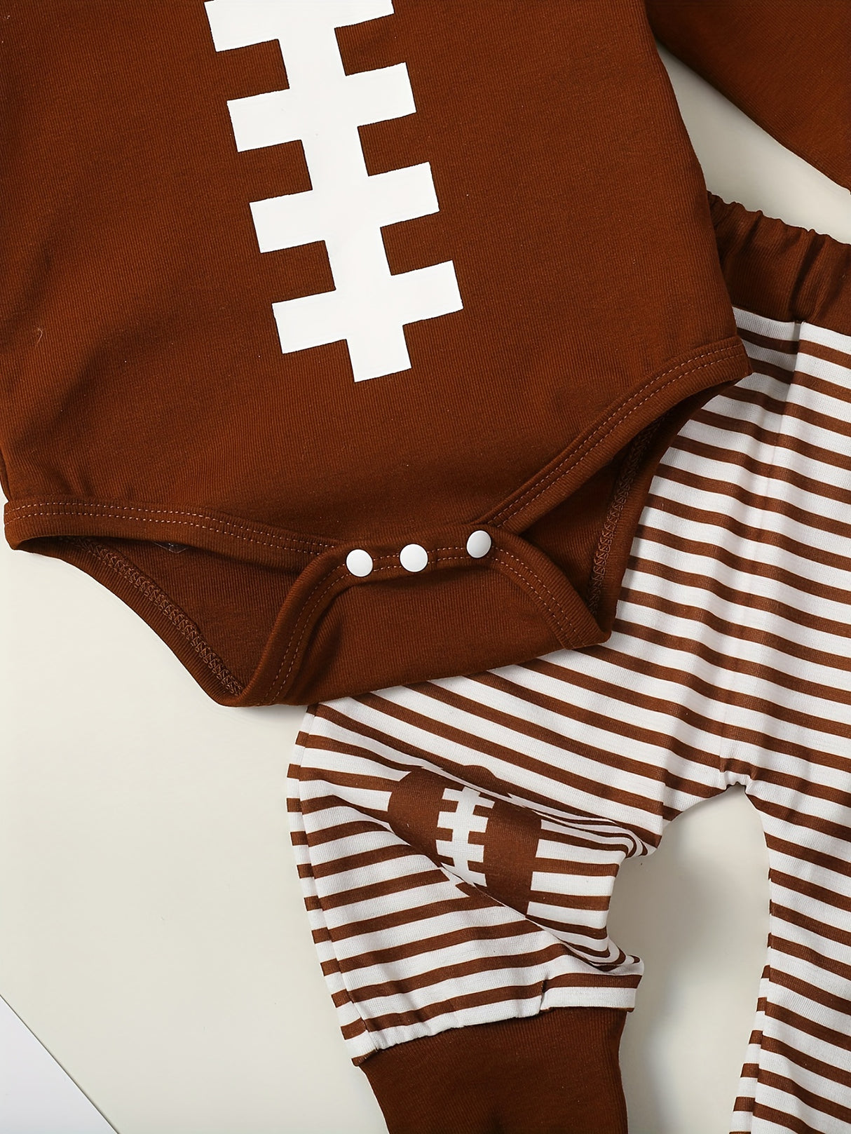 Baby Boy 3 Piece Outfit Football Print Long Sleeve Rompers and Elastic Striped Pants Beanie Hat Set Fall Spring Clothes