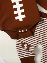 Baby Boy 3 Piece Outfit Football Print Long Sleeve Rompers and Elastic Striped Pants Beanie Hat Set Fall Spring Clothes