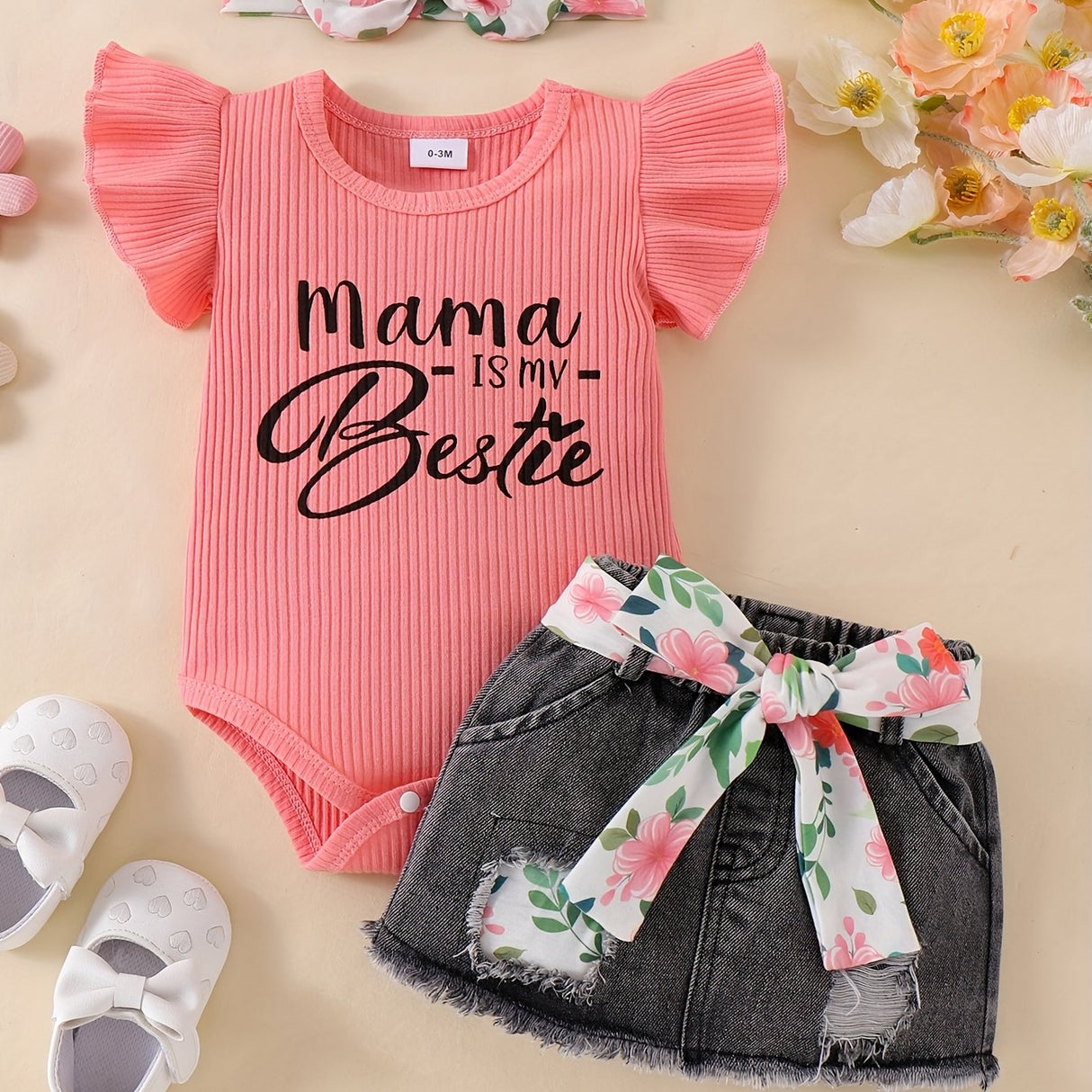 Baby Girl Clothes Newborn Jumpsuit Short Sleeved Denim Skirt with Front End and Baby Clothing Set, 0-18 Months, for Outdoor