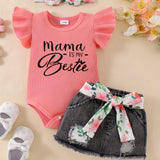 Baby Girl Clothes Newborn Jumpsuit Short Sleeved Denim Skirt with Front End and Baby Clothing Set, 0-18 Months, for Outdoor