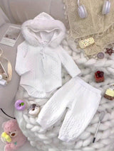 Adorable Baby Girl Hooded Romper and Pants Set - Soft and Comfortable Long Sleeve Outfit for Infants