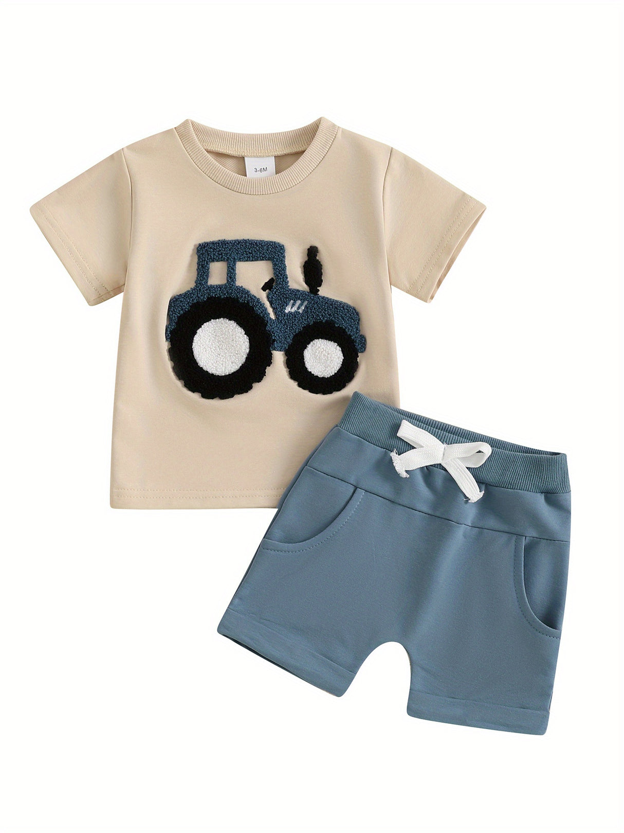 Toddler Boys Summer Outfits Truck Embroidered Round Neck Short Sleeve T-Shirts Elastic Waist Shorts 2pcs Clothes Set