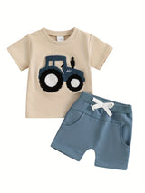 Toddler Boys Summer Outfits Truck Embroidered Round Neck Short Sleeve T-Shirts Elastic Waist Shorts 2pcs Clothes Set