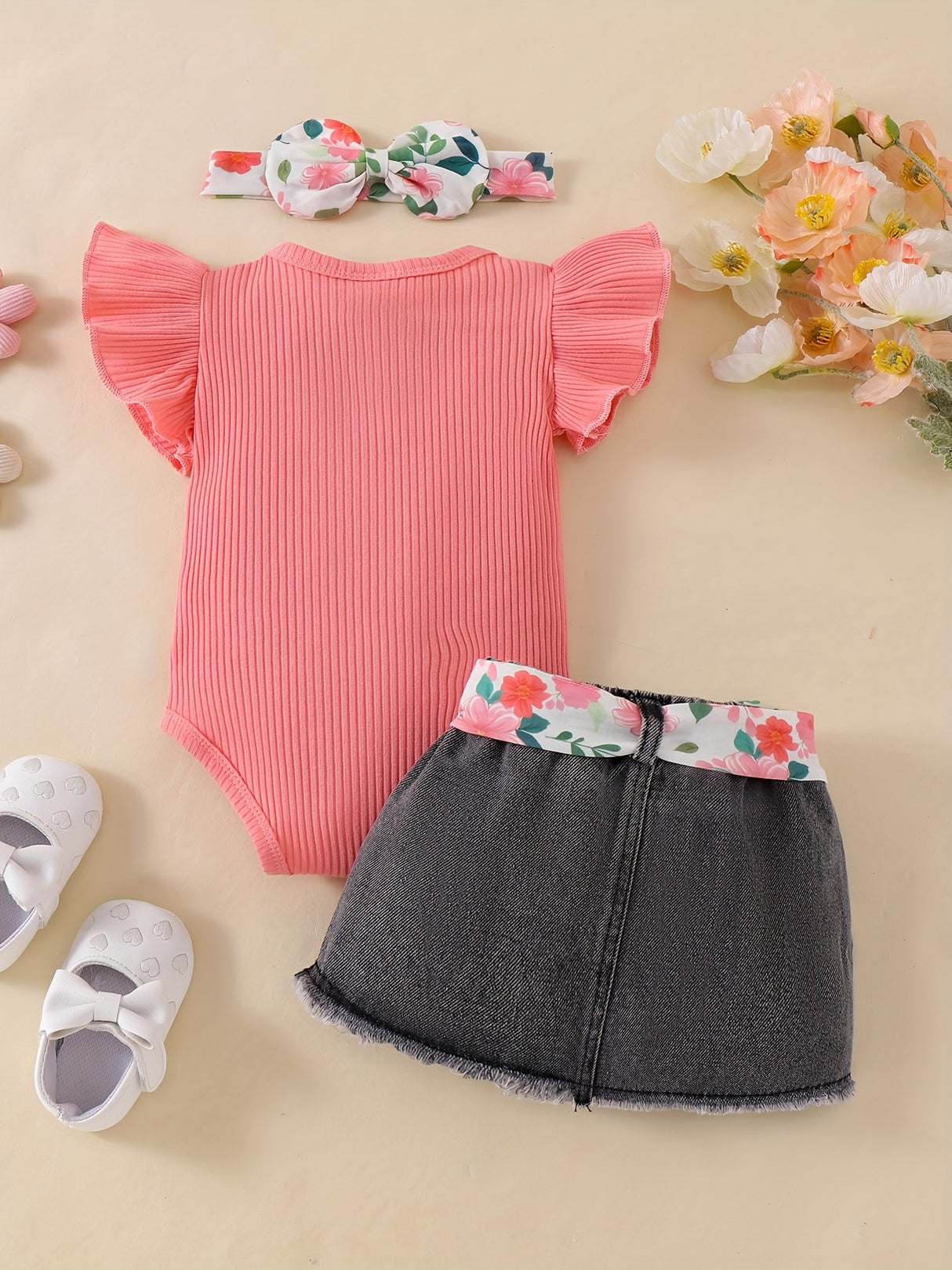 Baby Girl Clothes Newborn Jumpsuit Short Sleeved Denim Skirt with Front End and Baby Clothing Set, 0-18 Months, for Outdoor