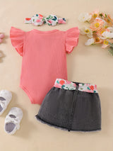 Baby Girl Clothes Newborn Jumpsuit Short Sleeved Denim Skirt with Front End and Baby Clothing Set, 0-18 Months, for Outdoor