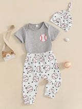 0-18 Months Baby Boy Summer Outfits Short Sleeve Romper Baseball Pants Hat Set, for Outdoor