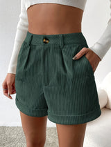 Chic Textured High Waist Shorts for Women - Button Front, Slant Pockets, Rolled Hem Design - Casual Everyday Wear
