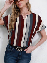 Striped Notched Neck Blouse, Casual Short Sleeve Blouse For Spring & Summer, Women's Clothing