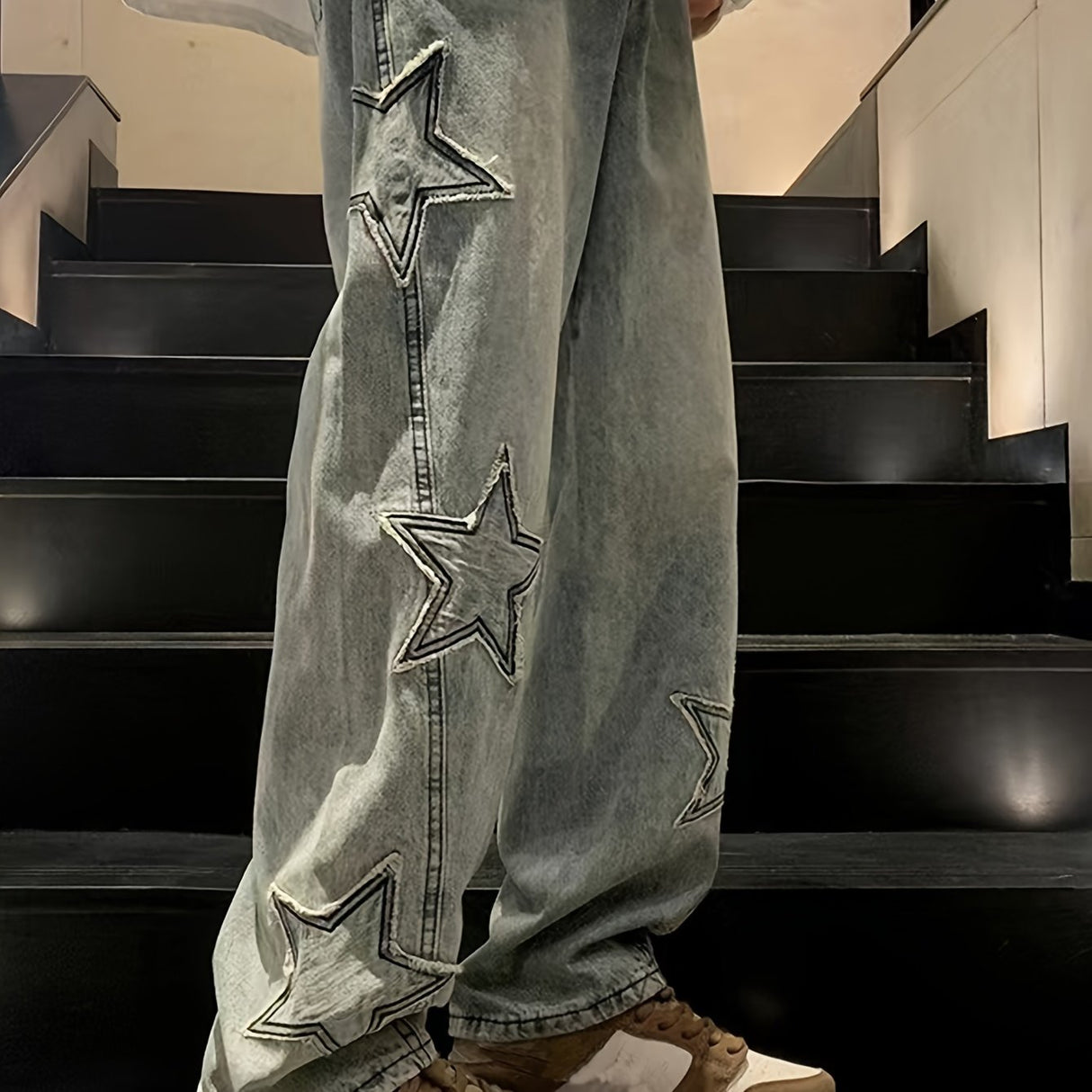 Wide Leg Denim Jeans for Men - Trendy Star Pattern, Washed, Non-Stretch, Loose Fit, Regular Length, Solid Color, Street Style, All-Season Casual Pants