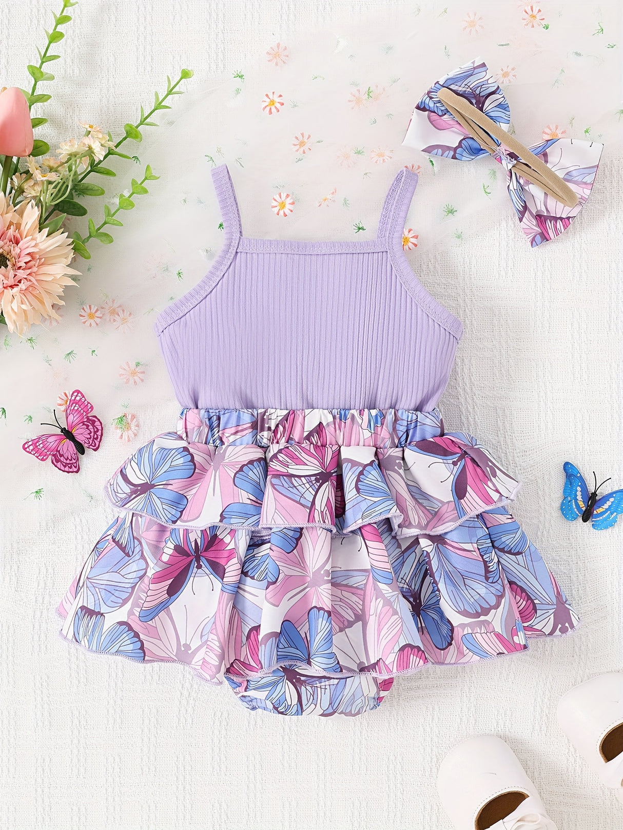 Baby Girl Summer Butterfly Print Combination Vest And Bow+Headband Two-Piece Set, for Outdoor